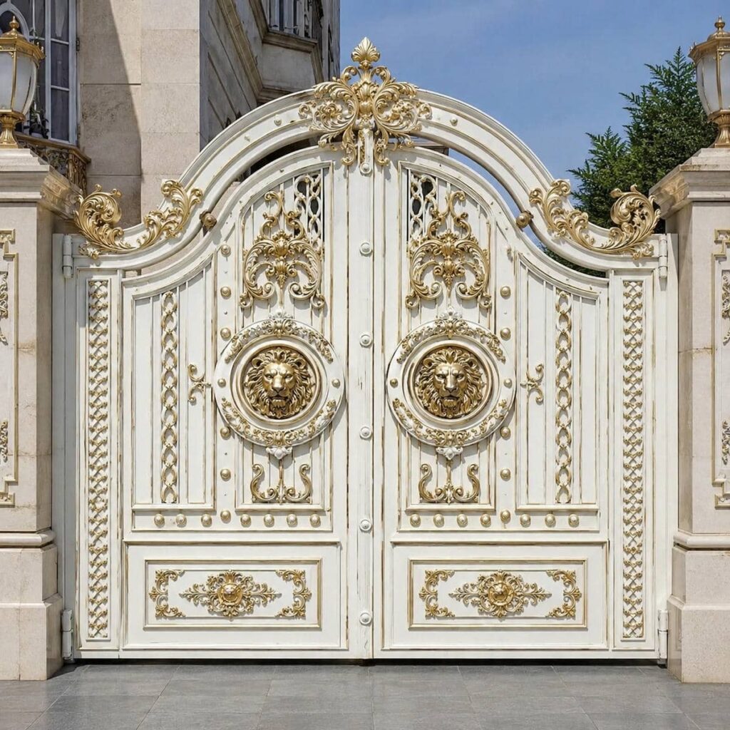 ساخت درب ویلایی سفید طلایی با فرفورژه در بندر عباس