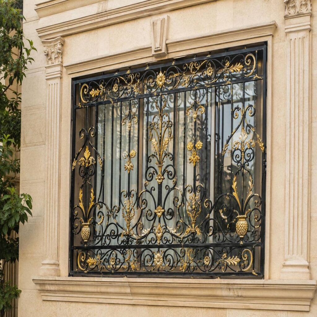 اجرای حفاظ پنجره مشکی طلایی نما با طرح کلاسیک در بندر عباس اجرای حفاظ پنجره مشکی طلایی نما با طرح کلاسیک در بندر عباس